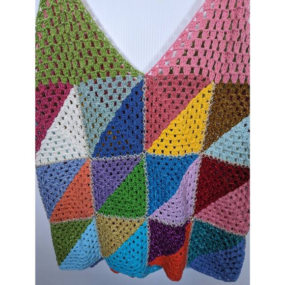 Rose Carmine Granny Square Crochet Multicolor Tank Top Tie Shoulder Cotton - Picture 5 of 9